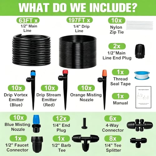 260FT Drip Irrigation System for Garden with 40 Nozzles & Emitters (63FT 1/2'' Main Line + 197FT 1/4'' Drip Line)