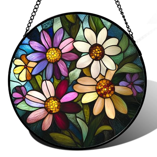 Colorful Garden Flowers Stained Glass Window Hanging Suncatcher Gifts 6.3" (Purple / 6.3x6.3 IN)