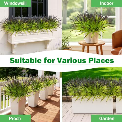 28 Bundles Artificial Outdoor Plants UV Resistant Fake Grass Plants Faux Plastic Plants Greenery Shrubs for Home Garden Pathway Summer Decor (Deep Purple / 28)