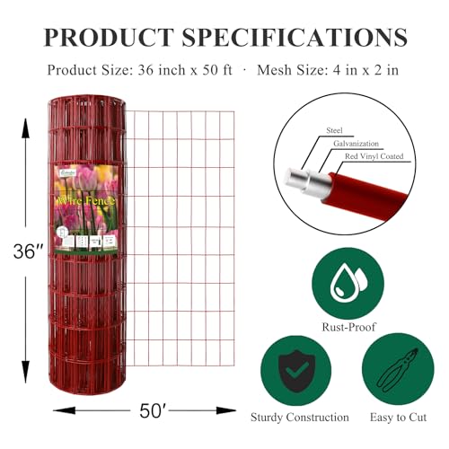 Red PVC Coated Welded Wire Fence 36" x 50' Roll (Red / 2''x4'' 14GA 36''x50')