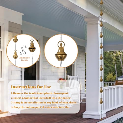 10.2ft Rain Chains for Outside Gutters (Brass-Buddha)