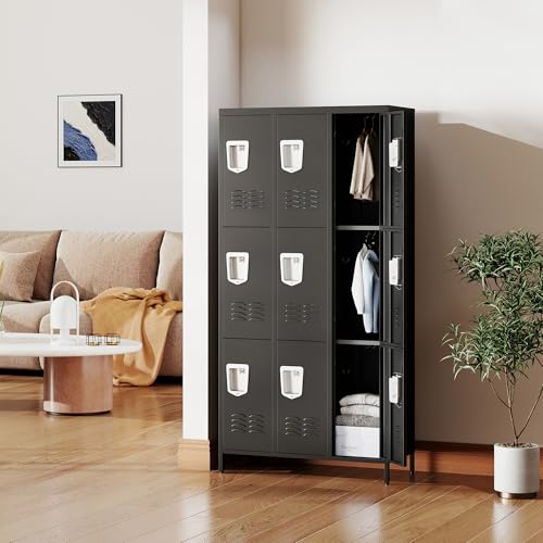 9 Doors Metal Lockers for Employees 71" H Storage Cabinet Lockable Locker with Shelves Steel Storage Locker for Gym School Office Home Requires Assembly (9 doors-72" / Black)