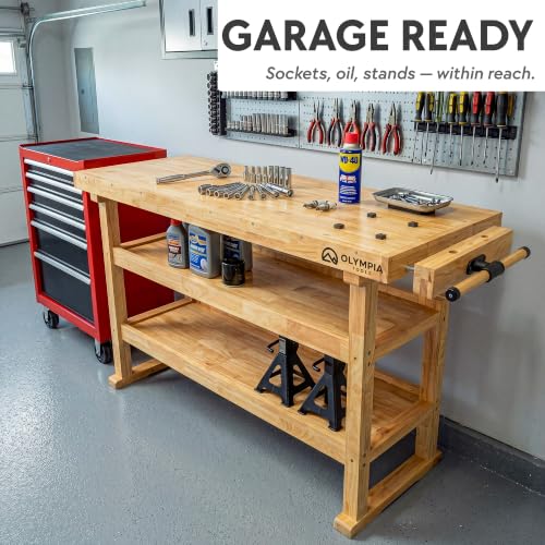 60" Rubberwood Workbench with 2 Storage Shelves (60 Inch Workbench with Shelves)
