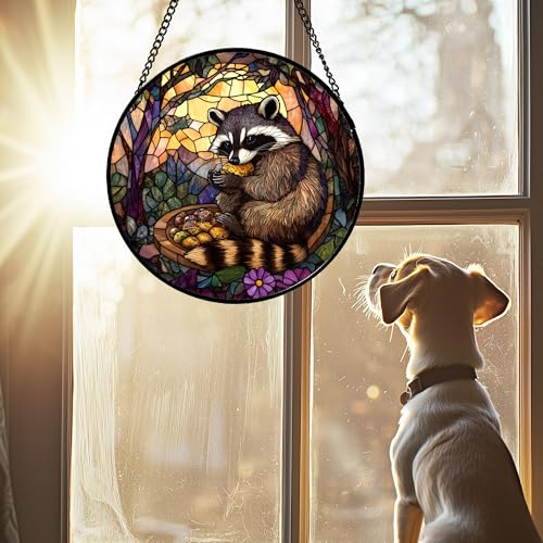 Raccoon Fruit Forest Stained Glass Window Hanging Suncatcher Gifts 7.8" (Dark Brown / 7.8x7.8 IN)