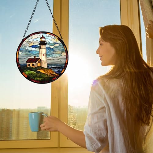 Ocean Lighthouse Stained Glass Window Hanging Suncatcher Gifts Decor 6.3"