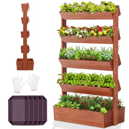 5 Tiers Vertical Raised Garden Bed Planter Outdoor (31.5" x 18" x 67" 5 Tier / Red-brown)