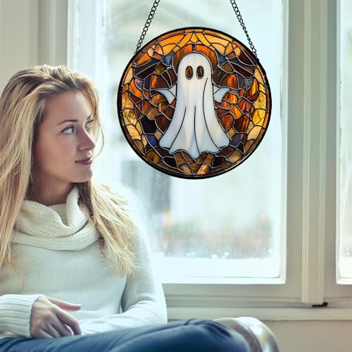 Halloween Spooky Ghost Stained Glass Window Hanging Suncatcher Gifts 6.3"