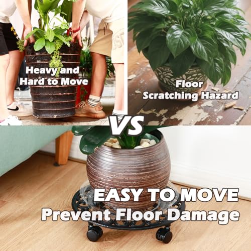 4 Packs 14 Inch Rolling Plant Stand with Wheels Metal Plant Caddy with Wheels Heavy Duty Round Plant Stand Indoor Iron Plants Rollers for Plants (14 inch: 4 pcs / Black)