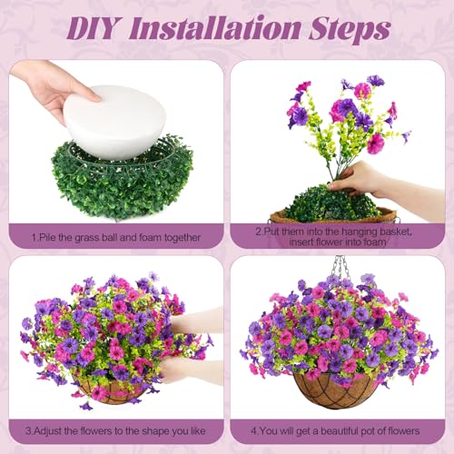 Artificial Fake Hanging Flowers with Basket for Outdoor Decor 12 Pcs UV Resistant Faux Silk Morning Glory Flowers Plants for Outdoor Outside Planters Home Porch Patio Balcony Spring Summer Décor (Dark Red&dark Violet)