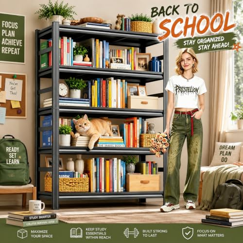 Heavy Duty Metal Bookshelf Adjustable 5 Tier Book Shelf with Bolt (Improved 72"H×35.4"W×15.7"D)