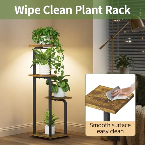 Plant Stand Shelf Tall for Indoor Corner with Lights (Classic Brown-Black with Lights / 4 Tier)