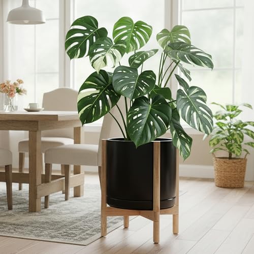 Ceramic Pot with Natural Wood Stand (14 Inch / Black Pot + Natural Stand)