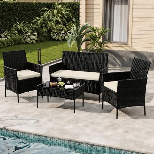 4 Piece Outdoor Patio Furniture Set (Black/Beige / 4 Pieces)
