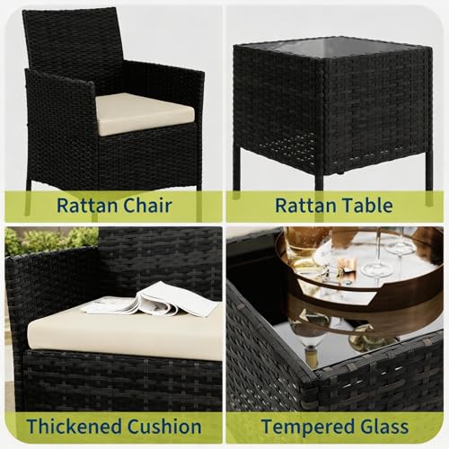 3 Piece Patio Bistro Conversation Set (Black/Beige / 3 Pieces)