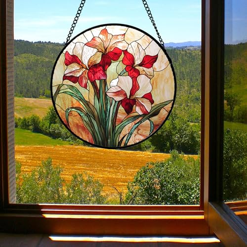 Red Flowers Green Leaves Stained Glass Window Hanging Suncatcher Gifts 6.3" (Red / 6.3x6.3 IN)