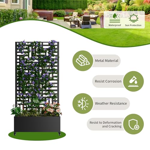 Metal Planter Box with Trellis and Wheels (Black / Rectangular C)