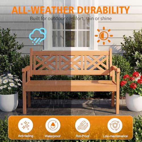 54" Poly Lumber Outdoor Patio Bench Weatherproof (Teak Color / 3-Person)