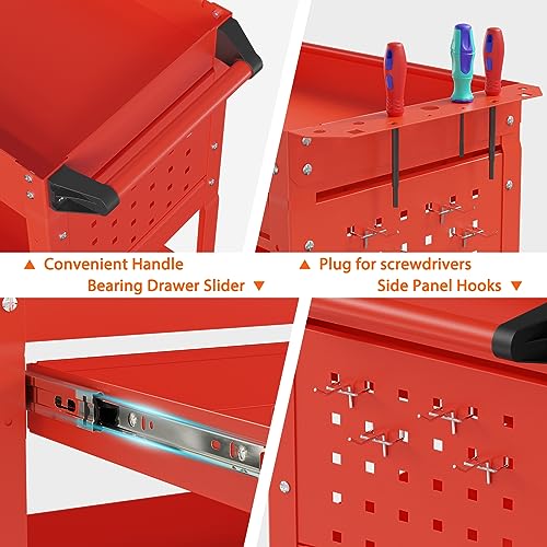3 Tier Heavy Duty Rolling Tool Cart with Drawers (Red)