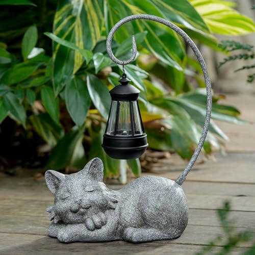 Outdoor Cat Figurine Garden Statue with Solar (Marbled)