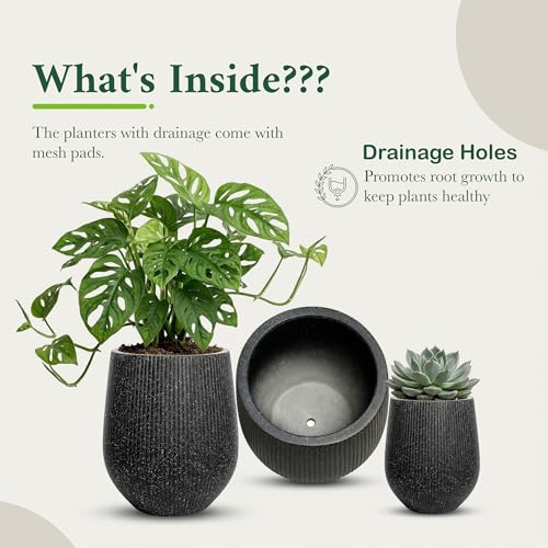 Signature Mount Wilson Modern Indoor Outdoor Fiberstone Tapered Planter (Ribbed Black / 15'' D x 16.7'' H)