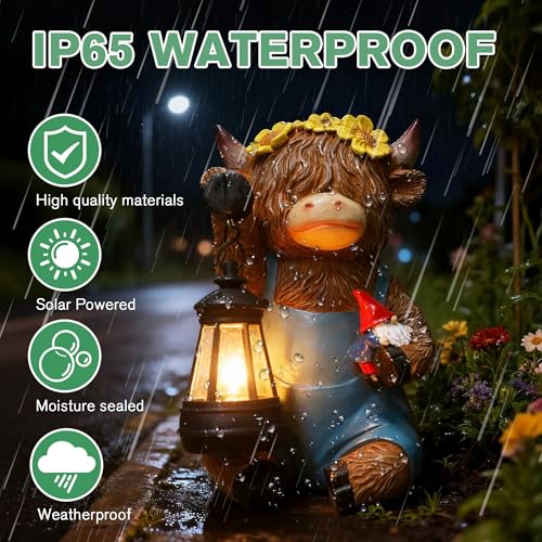 Solar Highland Cow Porch Statue with LED Lantern Garden Outdoor Decor (Solar Highland Cow Statue)