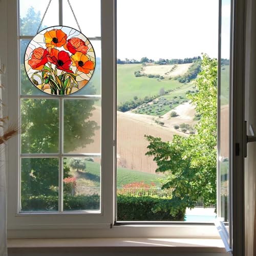 California Poppy Forest Sun Catcher 6'' Stained Glass Window Hanging Flower Lover Gifts for Women Red Poppy Kitchen Decor Suncatcher Decoration for Home Garden Housewarming Gifts (Poppy-02 / 5.91inch)