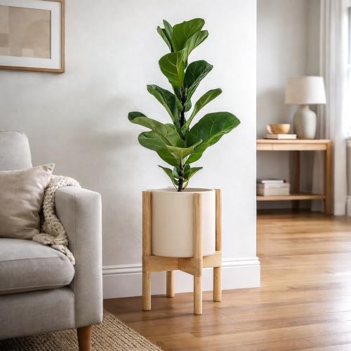Plastic Pot with Natural Wood Stand (Oatmeal Pot + Natural Stand / 8 Inch)