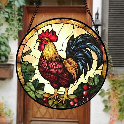 Stained Glass Window Hanging Big Rooster Suncatchers Gifts for Women 6.3" (Orange Red / 6.3x6.3 IN)