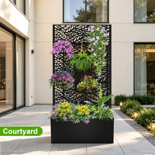 47"x24"x12" Metal Planter Box with Trellis (Black Leaf-shaped / 47"x24"x12")