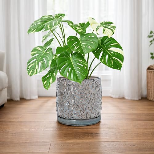 Embossed Leaves Ceramic Planter (10 Inch / Graphite Blue)