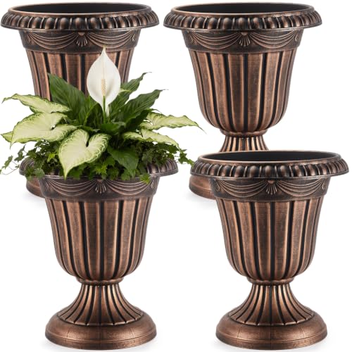 4 Pcs 16 x 18 Inches Brushed Copper Plastic Urn Planter Classic Flower Pots Front Porch Planters Indoor Outdoor Planters with Pedestal for Wedding Party Bridal Shower Garden Patio Porch (16 x 18 Inches / Brushed Copper)