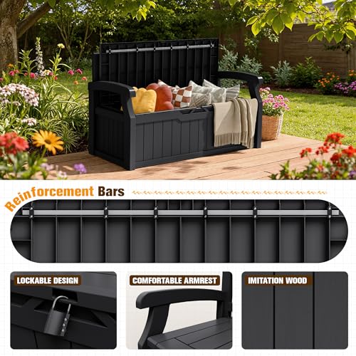 80 Gallon Resin Outdoor Storage Bench with Cushion. Waterproof (Black / 80 Gal with Cushion)