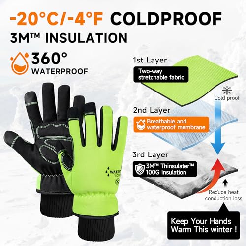 100% Waterproof Winter 1 Pair Pack Work Gloves for Men Yellow M (Yellow - Thermal / Medium)