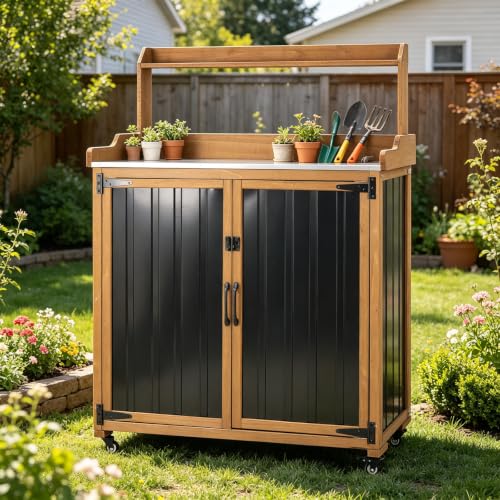 Rolling Potting Bench with Storage and Galvanized Metal Top (Black / 37" x 18" x 47")