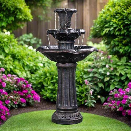 Lily Flower Floor Pedestal 3 Tiered Floor Waterfall Fountain with Pump for Outdoor Patio Garden Backyard Decking (38")