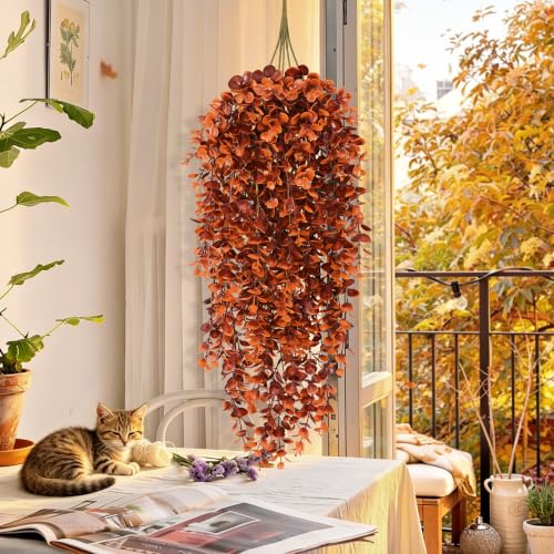 4Pcs Fake Hanging Plants (Red-brown Eucalyptus Vines / 4Pcs Plants)