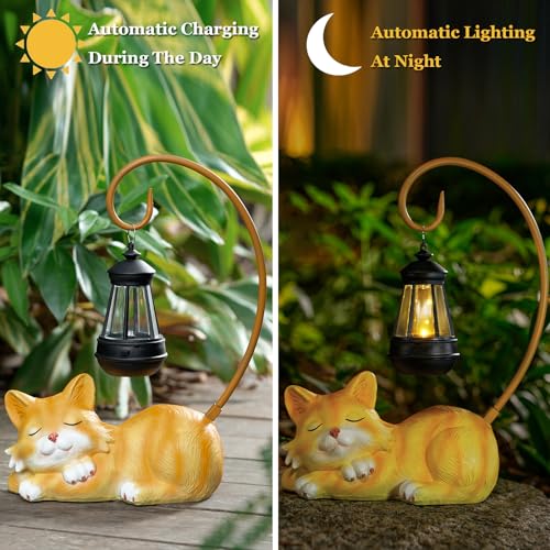 Outdoor Cat Figurine Garden Statue with Solar (Yellow)