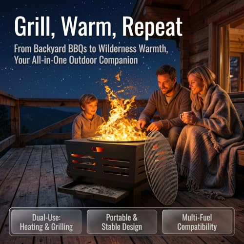 Smokeless Wood Fire Pit with BBQ Grill for Camping & Backyard (Country Rustic)