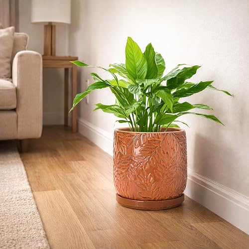 Embossed Leaves Ceramic Planter (8 Inch / Pumpkin)