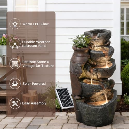 31.7" Tall Rock Solar Water Fountain Outdoor Waterfall (31.7’’H / Solar-jar & Stacked Stone)