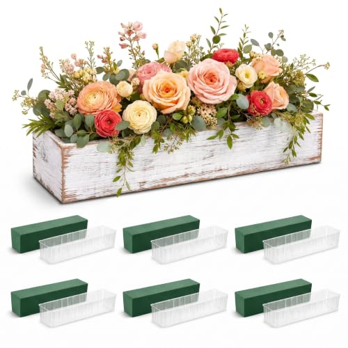 6 Set Wood Boxes for Centerpieces 12x4 Inch Rectangle Wooden Planter Box Rustic Wooden Planters with Removable Plastic Liner Floral Foam Blocks for Christmas Wedding Home Garden Decor (12 X 4 Inch / White)
