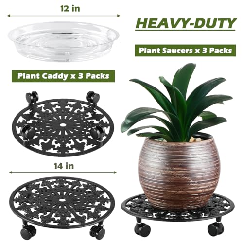 3 Pack Plant Caddy with Wheels (14 inch / Black-3 packs)