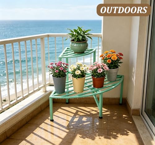 2 Tier Corner Plant Stand Outdoor Metal (Corner-Mint Green)