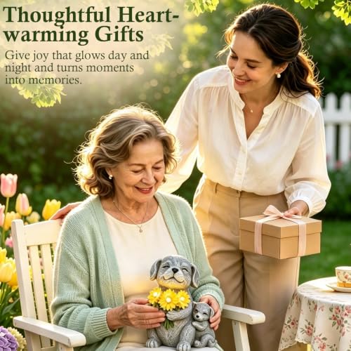 Garden Statue Dog Figurine with Solar Sunflowers Bouquet Outdoor Decoration
