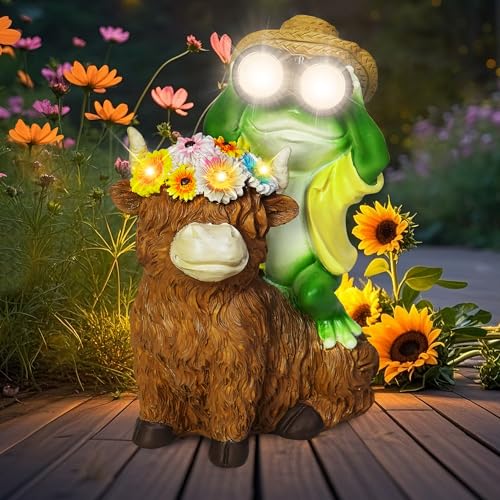 Solar Garden Lights Frog Sitting on Highland Cow Statue Flower Decor (Solar Frog With Highland Cow)
