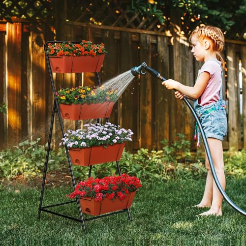 4 Tier Vertical Raised Garden Bed Planters for Outdoor Plants Herb Garden Planter with Drainage Holes Standing Garden Planters for Herbs Flowers Vegetables Plants (Brick Red)