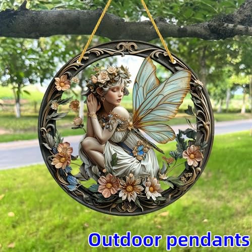 Flower Fairy Garden Decorations Angel Wing Christmas Halloween Deco Statue Art Elf Sculpture Hanging Craft for Outdoor Yard Courtyard Lawn Patio Window Acrylic Ornament Home Gift