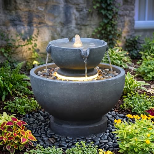 Small Modern Outdoor Water Fountain with Led Lights (15.75H-GRAY / 15.75h-gray)