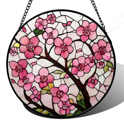 Pink Cherry Blossoms Stained Glass Window Hanging Suncatcher Gifts 9.8" (Pink / 9.8x9.8 IN)