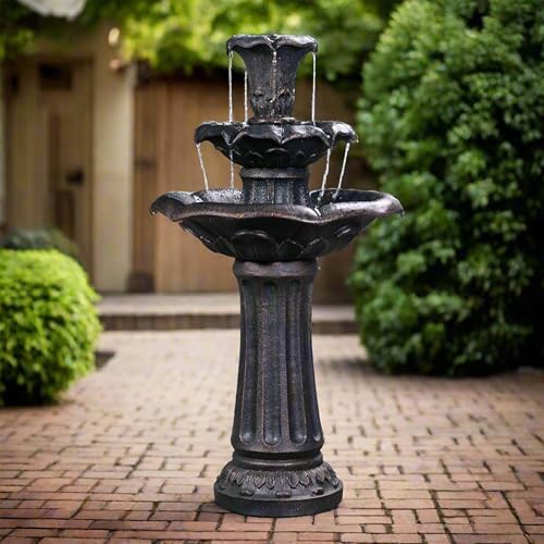 Lily Flower Floor Pedestal 3 Tiered Floor Waterfall Fountain with Pump for Outdoor Patio Garden Backyard Decking (38")